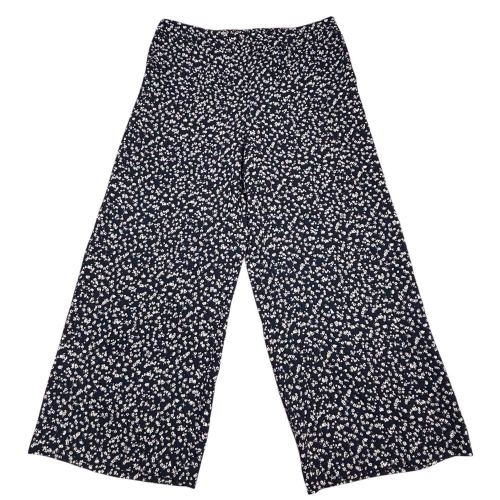 J Jill Wearever Wide Leg Crop Pants Womens Small Dark Navy Blue Floral Easy Care